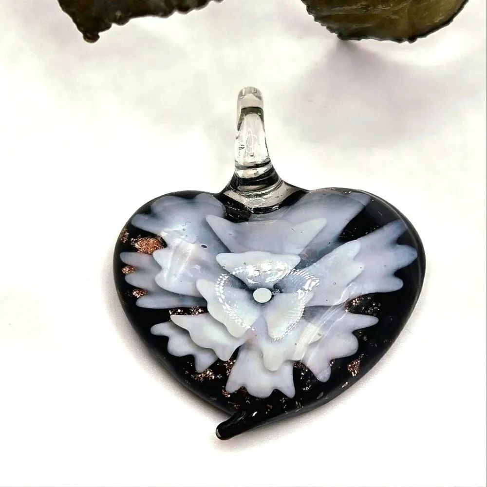 "5/$40" Black/White Flower Art Glass Heart Pendant